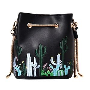 Faux Leather Mini Cactus Embroidery Bucket Handbag